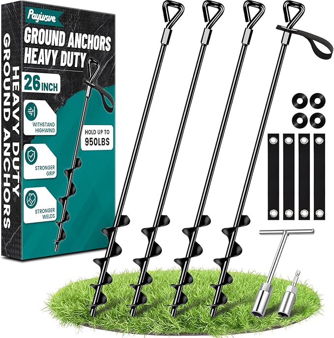 26-Inch Ground Anchors Heavy Duty, Trampoline Stakes Anchors Screw-in for High Wind, Earth Anchor with Strong Straps for Swing Sets, Trampolines, Mobile Home, Sheds, Carports(4x26in)