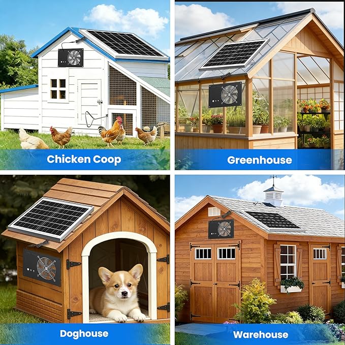 Solar Powered Fan with Battery & Timer, 25W 15000 mAh 3500RPM High-Speed Small Solar Exhaust Fan for Chicken Coop, Greenhouse, Shed, Vent, Doghouses, Windows, Outside Rainproof