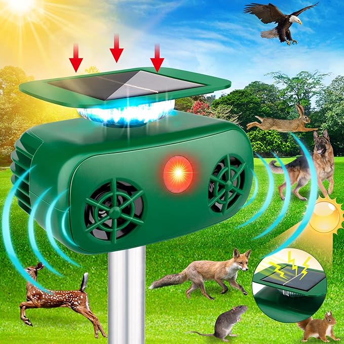 Cat Repellent Outdoor,Solar Pest Animal Repellent,Bird Deterring Devices Solar Powered Ultrasonic Dog Repeller with Motion Sensor & Flashing Light,Cat Repeller for Repelling Squirrels, Raccoon
