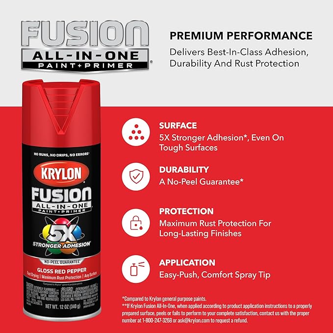Krylon Fusion All-In-One Adhesive Spray Paint for Indoor/Outdoor Use, 12 oz, Red Pepper
