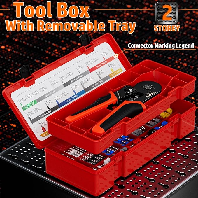 PEBA Hexagonal Ferrule Crimping Tool Kit, AWG 28-7 Self-Adjusting Ratchet Crimper with 28 Sizes Insulated & Non-Insulated Copper Terminals, Hex Crimp Pliers for Professional Electrical Wiring
