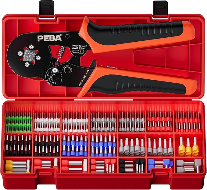 PEBA Ferrule Crimping Tool Kit, AWG 28-7 Self-Adjusting Ratchet Wire Crimper with 21 Sizes Tinned Copper Terminals (8/9/10/12mm), Square Ferrule Crimping Pliers Set for Professional Electrical Wiring