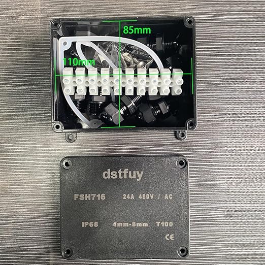 Waterproof IP68 Electrical Box with 24A Barrier Terminals, ABS Plastic, Black, Includes Junction Box, Rubber Grommet, Screws, PG9 Cable Glands, Terminal Block