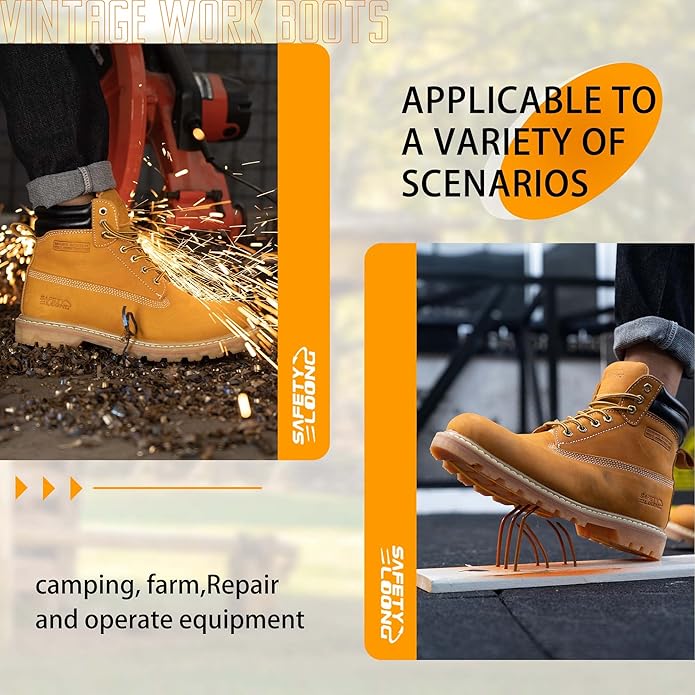 Steel Toe Work Boots for Men, 6-Inch Non Slip Comfortable Leather Waterproof Industrial Construction Safety Workboots