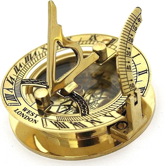 Brass Sundial Compass -Solid Brass Pocket Sundial - West London with Wooden Box Rustic Vintage Home Decor Gifts