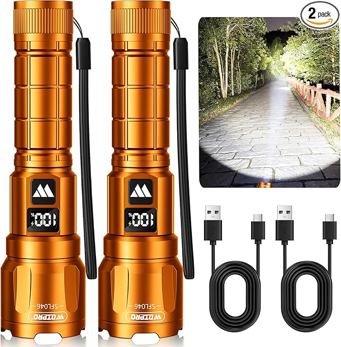 WdtPro LED Rechargeable Flashlight 2 Pack, Super Bright Zoomable 6000 Lumens Tactical Flashlight with LCD Digital Display, 3 Mode Waterproof Flash Light for Camping, Hunting & Home Emergency - Orange