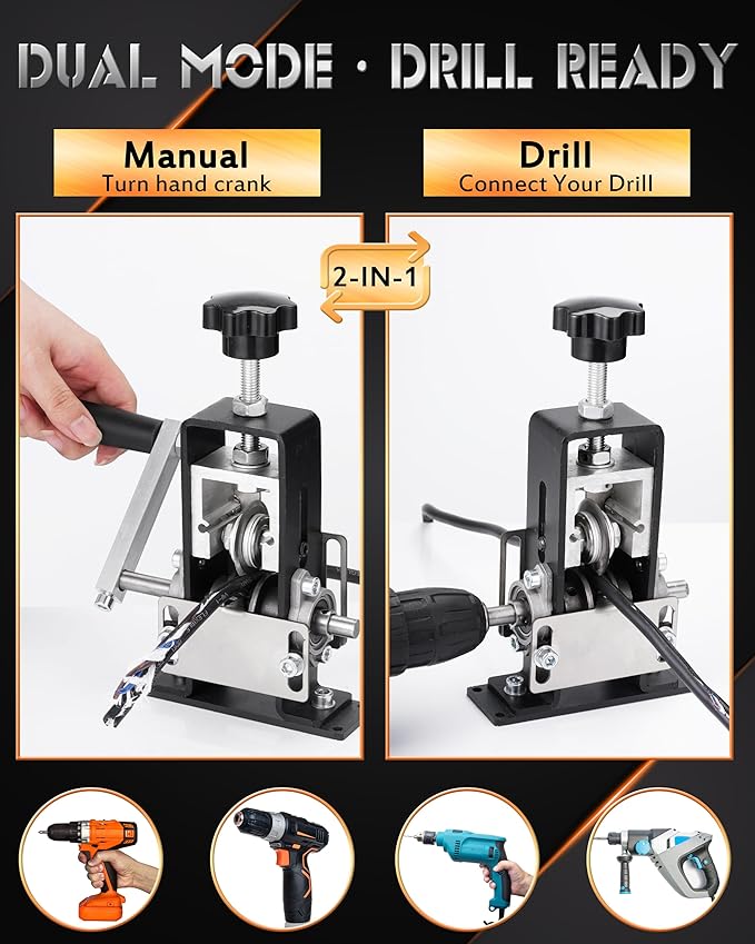 Manual Wire Stripping Machine, 2 IN 1 Drill-Powered/Hand Crank Wire Peeler Machine, For 0.06"-1"(1.5~25 mm) Scrap Copper, Wire Stripping Tool for DIY Cable Copper Recycling(Black)