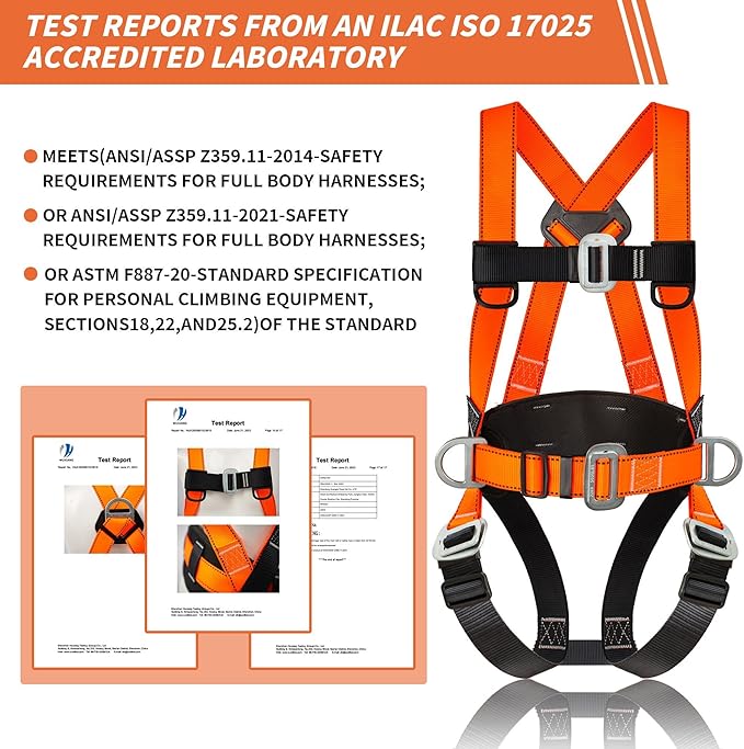 Safety Harness Fall Protection Kit Full Body Roofing Harnesses With Internal Shock Absorbing Lanyard, Orange Safety Harness For Construction OSHA/ANSI Compliant