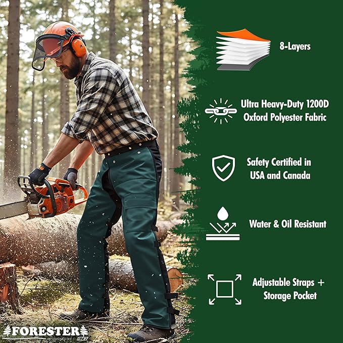 FORESTER Chainsaw Chaps for Men & Women | Apron-Style Chaps with Pocket & Adjustable Waist | Chainsaw Safety Equipment