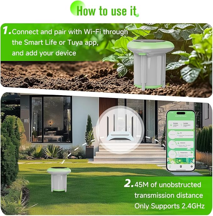 Smart 3-in-1 Soil Moisture/Temperature/Fertility Meter for Outdoor Plant, Soil Test Kit for Garden/Farming/Lawn, GreenVation Digital Soil Sensor with Tuya/Smart Life APP Push Notification