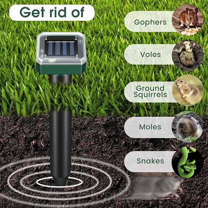 Mole Repellent Solar Powered, Ultrasonic Repeller 4-Pack, Waterproof Sonic Spikes Gopher Vole Groundhog Snake Chipmunk Mole Deterrent Get Rid of Moles in Your Yard (4)