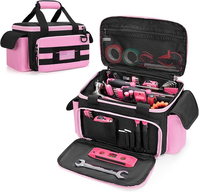 Pink Tool Bag for Women, Tool Storage Organizer with Anti-friction and Thick Padded Bottom, Tactical Range Bag, Multi-functional Work Bag for Repairman, Electrician, Carpenters, Pink