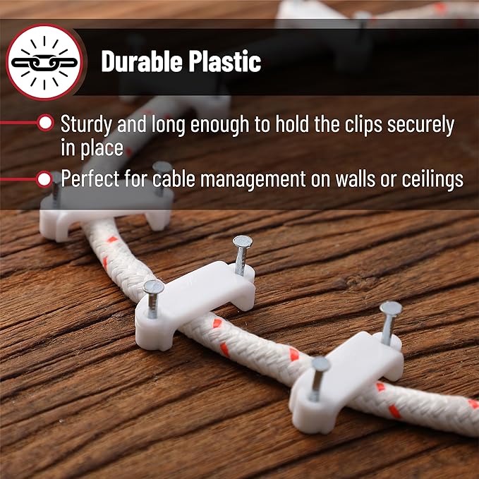Bates- Cable Clips with Steel Nails, 200 pcs, White, Large, 2-Nail Cord Clips for Wires on Wall, Cable Wall Clip, Wire Wall Clips, Cable Wire Clips, Coaxial Cable Clips, Cord Wall Clip
