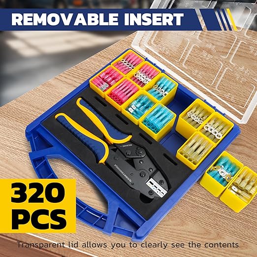 haisstronica 320PCS Heat Shrink Wire Connectors Set, 22-10AWG Marine Grade Heat Shrink Electrical Connectors with 9" Crimping Tool and Organizer (3Color/15Size)