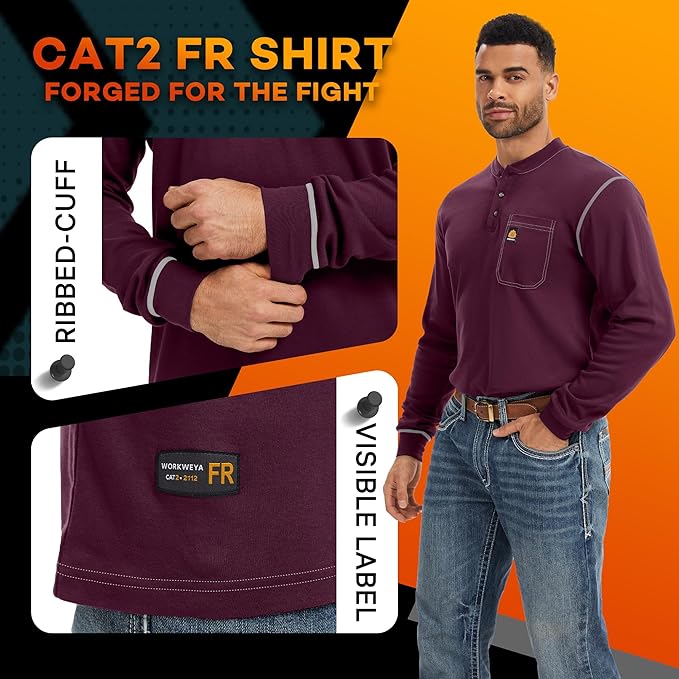 WORKWEYA FR Shirts for Men 6.5 oz Flame Resistant Long Sleeve Henley Shirt NFPA 2112/CAT2