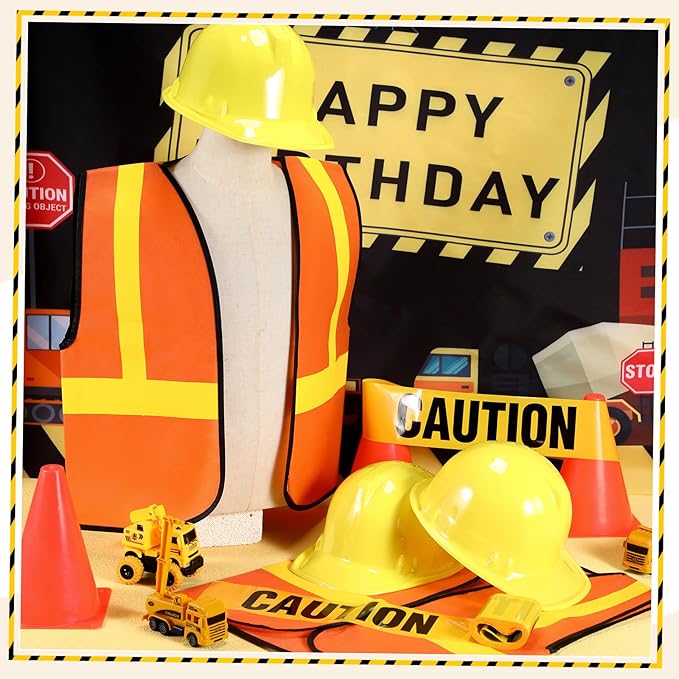 Hillban 13 Pcs Construction Birthday Party Supplies 6 Kids Construction Vests 6 Kids Hard Hat 1 Caution Tape Dressing up for Birthday Party Costume