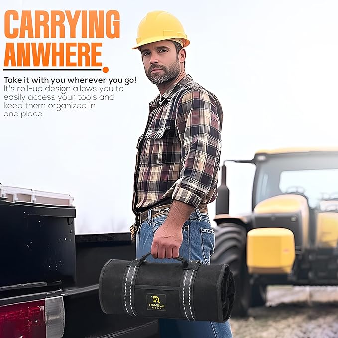 Roll up tool bag with Carabiners - 5 Large Oversized Pockets with Labels-Tool roll bag organizer - Canvas foldable tool Bag organizer | Tool organizer bag for Mechanic, Electrician & more