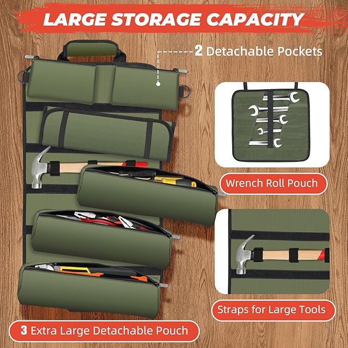 Tool Roll Up Bag, Gifts for Him Men Dad Husband Boyfriend Fathers Day, 1680D Portable Tool Storage for Men, Heavy Duty Tool Organizer with Detachable Pouches&Wrench Roll for Mechanic