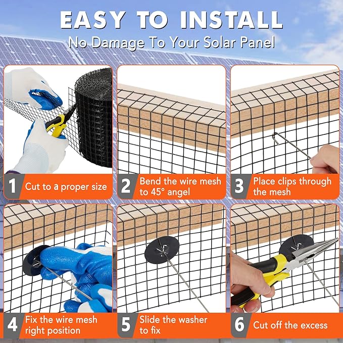 6in x 100ft Solar Panel Bird & Critter Guard Kit, Includes 100 Fastener Clips, 100 Cable Ties, Gloves, Pliers & PVC Coated Wire Mesh for Bird, Critters Control
