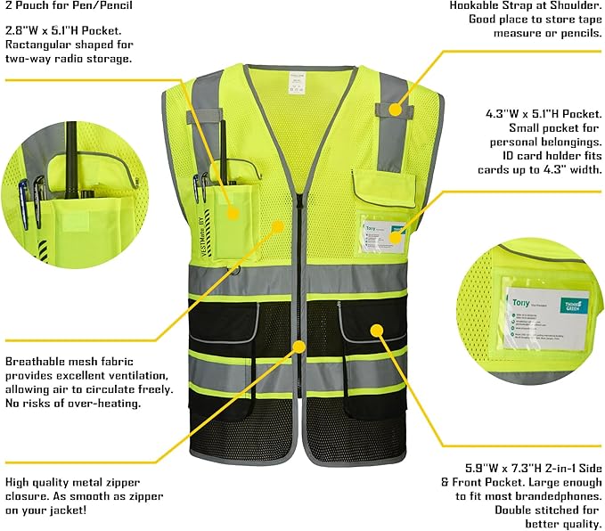 COOLJOB 9 Pockets Reflective Mesh Safety Vest for Men, Hi-vis Work Vest for Construction, Class 2 ANSI Standard, Orange