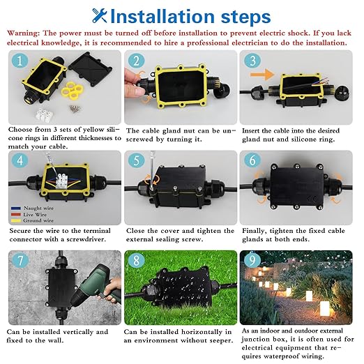 Helunsi 2 Pieces Waterproof IP68 External Junction Box, 2 Way Outdoor Junction Box, Underground Plug Line Coaxial Cable Connector Wire Range 5 to 15mm Electrical Power Cord Weatherproof Boxes - Black