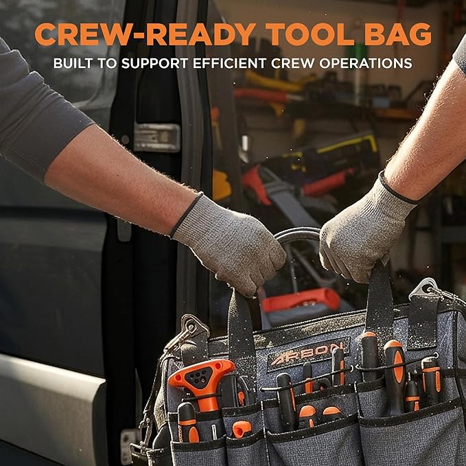Arbon Electrician Tool Bag – Heavy Duty Organizer with 34 Pockets, Large Storage for Men, 5-Layer Reinforced Walls, Metal Frame, Hard Molded Base, Water Resistant Polyester PP Plastic, Grey, 52+ lb