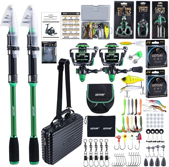 Goture Fishing Poles and Reels Combo - Green Telescoping Fishing Rod Portable Travel Kit with Carrier Bag for Freshwater Saltwater
