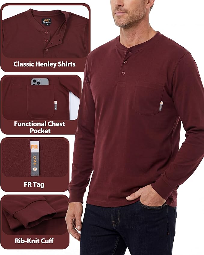 KONRECO FR Shirts for Summer Flame Resistant Shirt 5.5oz Light Weight CAT2 Henley Shirts