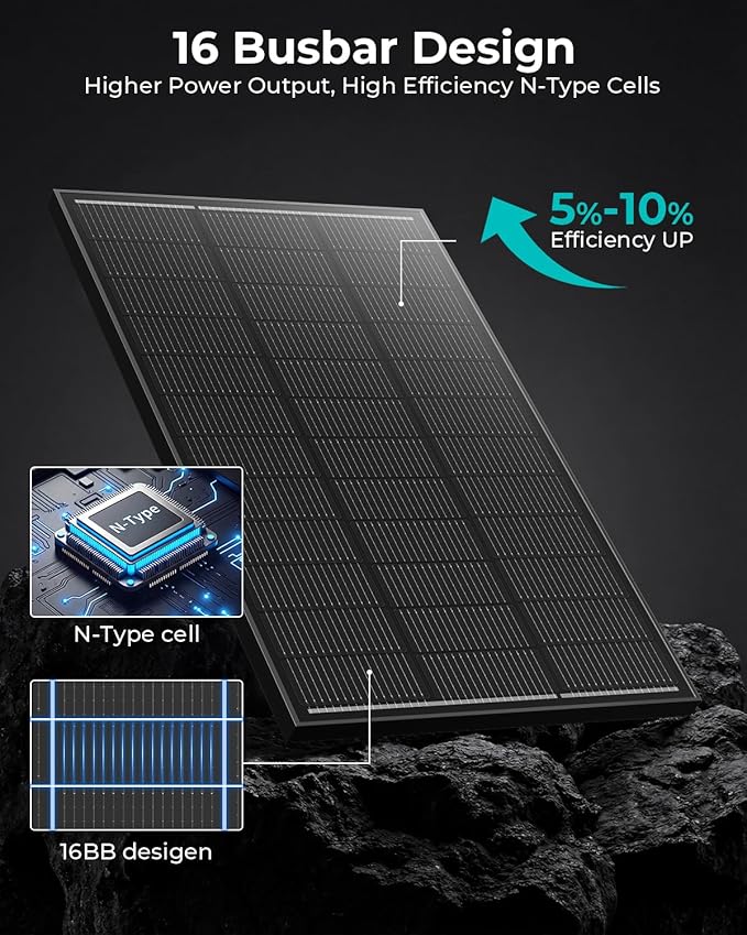 100 Watt Solar Panel, 16BB N-Type 12V 100W Solar Panels with 25.6% High Efficiency, Lightweight & Durable Monocrystalline Module for RV, Boat, Rooftop, Trailer, Camper & Off-Grid System