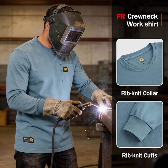 WORKWEYA Men's FR Shirts 6.5oz Lightweight Long Sleeve Flame Resistant T-Shirt NFPA 2112/CAT2