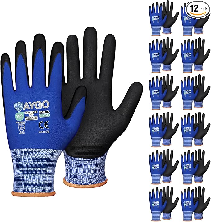 Safety Work Gloves MicroFoam Nitrile Coated-12 Pairs,KAYGO KG18NB,Seamless Knit Nylon Glove with Black Micro-Foam Nitrile Grip,Ideal for General Purpose,Automotive,Home Improvement Blue