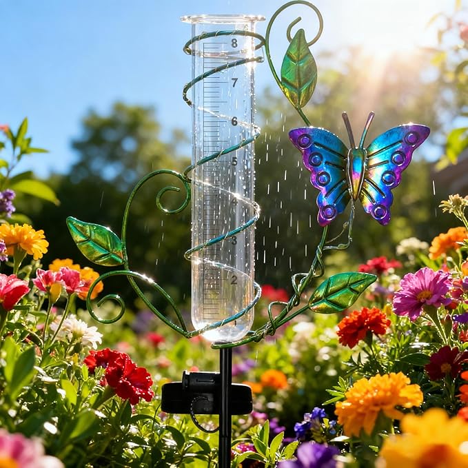 Butterfly Rain Gauge Outdoor - Wireless Solar Rain Gauges with 8" Capacity Glass Replacement Tube Best Rated Metal Decorative Garden Stakes with LED Lights for Yard Lawn Patio Art Decor