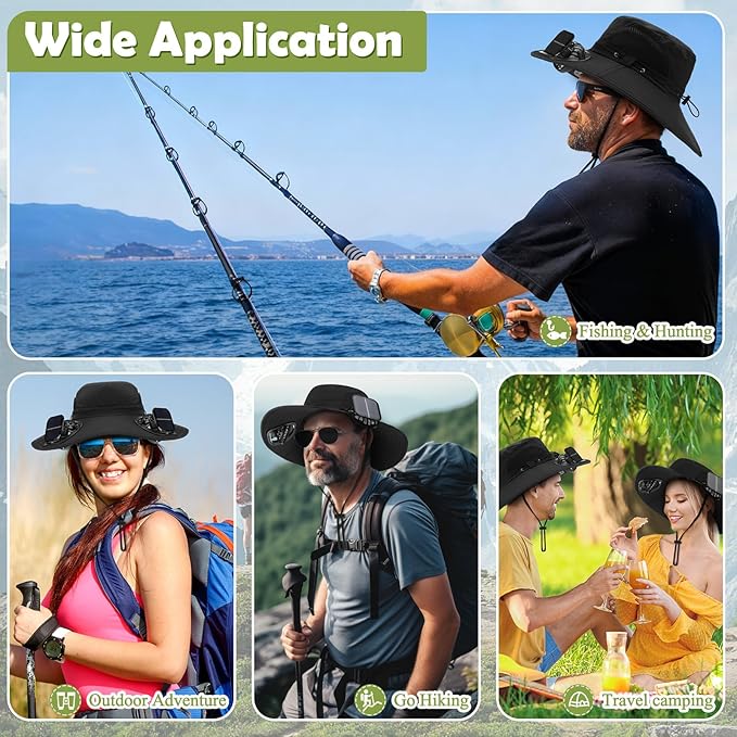 Berlune Men Sun Hat with 2 Solar Fans Wide Brim Outdoor Fishing Hat USB & Solar Powered for Sun Protection Camping Hiking