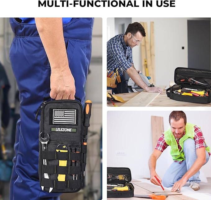Portable Small Tool Bag, Organizer Storage Box for EDC, Motorcycle, Road Bike, Electricians and More with US Flag Patch and Heavy Duty Grab Handle, Multi-Purpose Utility Work Organizer Bag