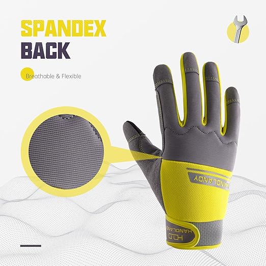 HANDLANDY Work Gloves Mens & Women, Utility Safety Mechanic Working Gloves Touch Screen, Flexible Breathable Yard Work Gloves (Small, Grey&Yellow)