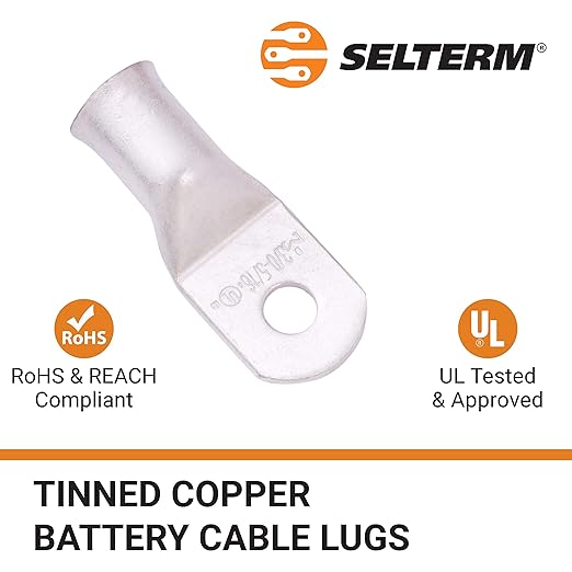 SELTERM 10pcs 3/0 AWG-5/16" Stud Tinned Copper Wire Lugs, Heavy Duty Battery Cable Ends,000 Gauge Ring Terminals, UL Battery Lugs Marine Grade Copper Eyelets Electrical Battery Terminal Connectors