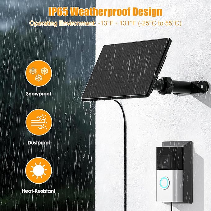 Solar Panel Charger for Ring Video Doorbell 3/3+/4, Battery Doorbell Plus/Pro with Mount Stand, 2-Prong Port, Solar Charger 10ft Charging Cable, 6W Waterproof Solar Panel, 5.9-8.7in Adjustable Mount