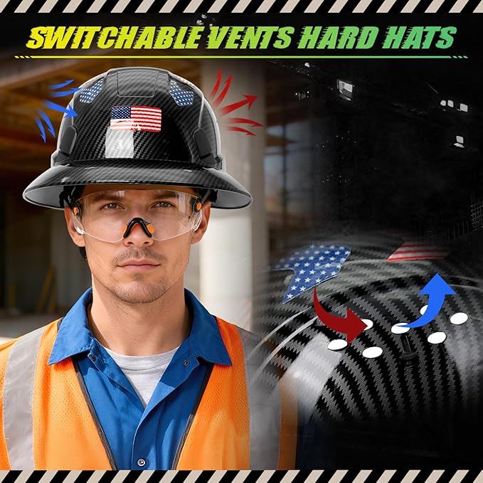 Carbon Fiber Pattern Full Brim Hard Hat with Visor-OSHA Approved Construction Safety Helmet for Men Women,ANSI Z89.1 Vented Reflective Hardhat with Hard Hat Chin Strap,6-Point Suspension