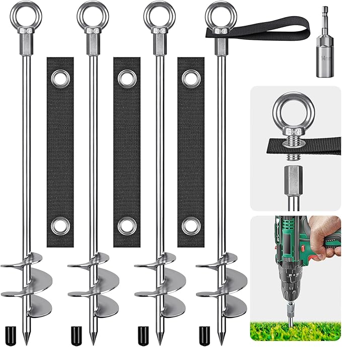Fully Welded Ground Trampoline Anchors, 30'' Spiral Mobile Home Anchors, 4pcs Earth Anchor Heavy Duty Shed Anchor Kit with Straps for Securing Swing Sets, Animals, Trees, Tents, Shed, Carport