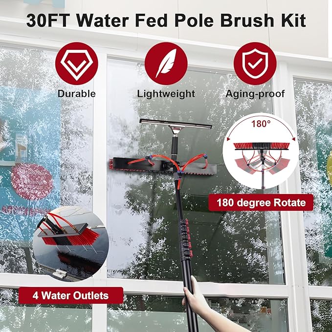 30FT Solar Panel Cleaning Brush & Squeegee Kit, Proffesional Window Washing Tool, 22in Wide Brush & 2 Dusting Brush, Water Fed Pole, Extendable Telescopic Pole for Roof Mounted Solar Panels