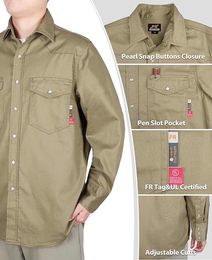 KONRECO FR Shirts for Men 6.5oz Lightweight Work Uniform Flame Resistant Welding Shirt/Water & Stain Repellent
