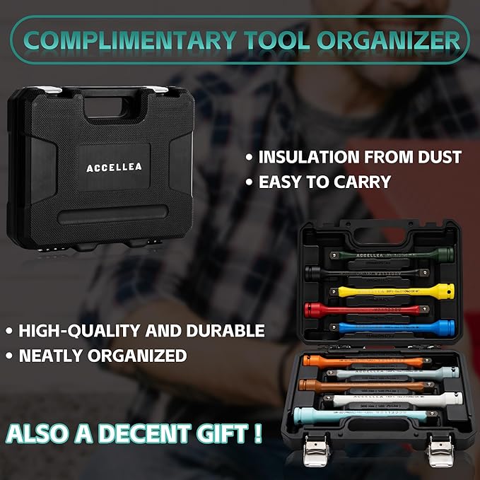 10-Piece Torque Limiting Extension Bar Set, 1/2" Drive, 8" Long, 65-150 Ft-lbs, CR-MO, SAE Standard, Color-Coded Impact Socket Extension Bar Set with Storage Case, for Tire Repair & Drills