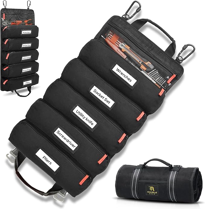 Roll up tool bag with Carabiners - 5 Large Oversized Pockets with Labels-Tool roll bag organizer - Canvas foldable tool Bag organizer | Tool organizer bag for Mechanic, Electrician & more