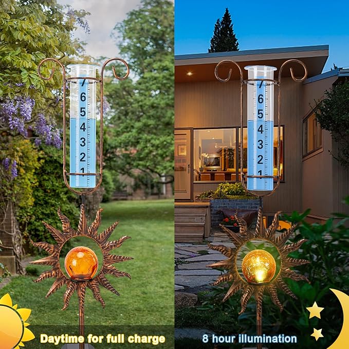 MUMTOP Rain Gauge Outdoor, 34 Inch Large Number Solar Lights Sun Water Gauge for Lawn, Yard and Garden