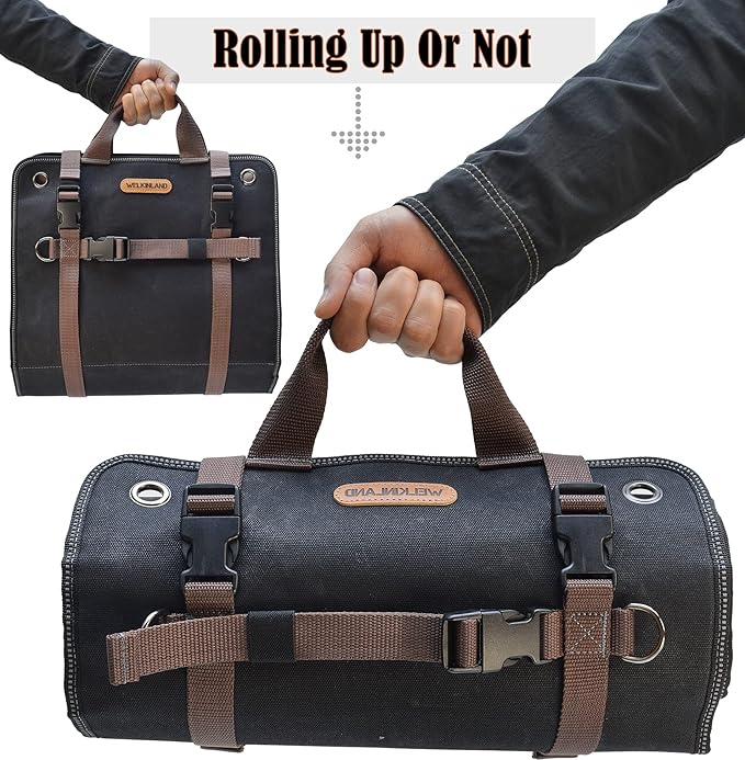 WELKINLAND Heavy-Duty Waxed Canvas Tool roll, 15-Pockets Tool Wrap Roll, 15L Tool Up Roll Bags, Tool Bag Roll, Tool roll organizer, Roll up tool bag organizer