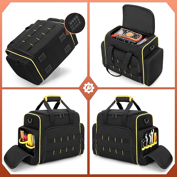 Tool Bag with 3 Removable Cases, 2 Layers Tool Tote for Hand Tools, Black with Yellow Binding