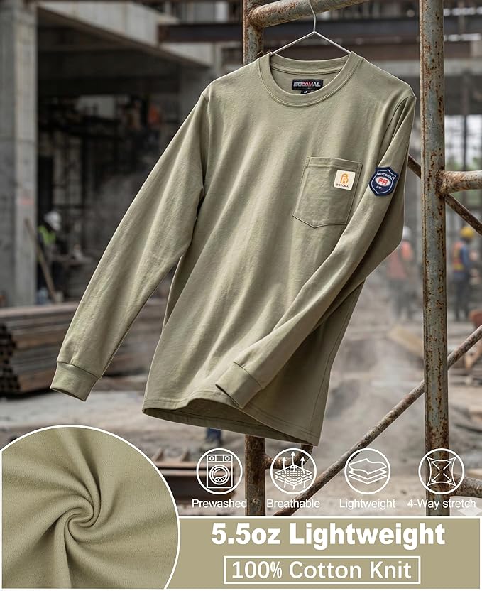 BOCOMAL FR Shirts Lightweight Classic Crew Long Sleeve Fire Resistant Shirt CAT2