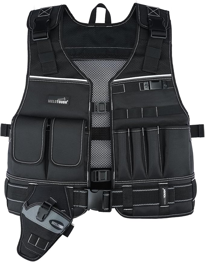 MELOTOUGH Tool Vest for Men with Pouches and Belt, Adjustable Multi-Pocket Safety Tool Vest for Electrician, Carpenter(Black)