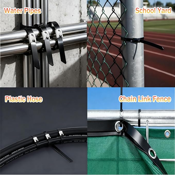 100PCS Heavy-Duty Metal Zip Ties, 11.8 Inch Black Stainless Steel Locking Cable Ties, UV Resistant for Fence, Pipe, Exhaust, Vehicle, Farm & Industrial Use