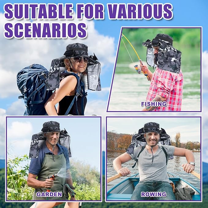 Chuarry Wide Brim Sun Hat with 2 Fan Outdoor Solar Powered USB Charging Fishing Hat with Neck Flap for Men Women